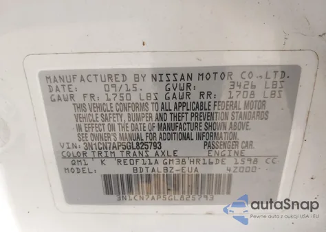 2016 Nissan Versa 1.6 S/1.6 S+/1.6 Sl/1.6 Sv из США, поврежденный, VIN 3N1CN7AP5GL825793